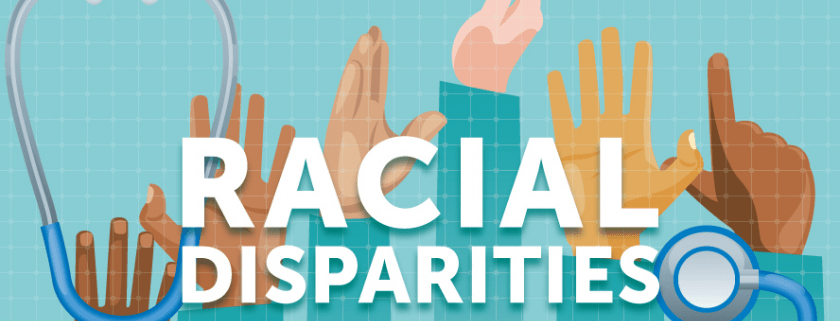 Image of hands representing different backgrounds that is behind a text saying "racial disparities." 